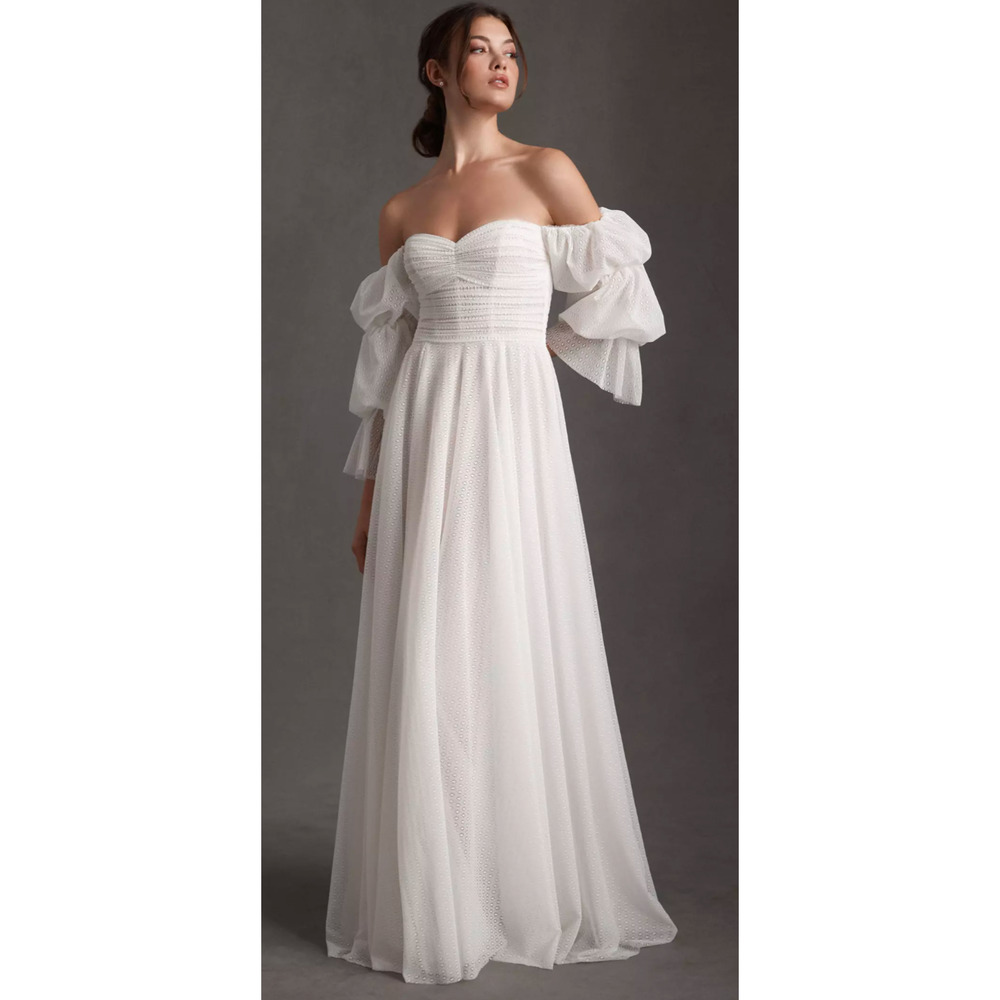 Willowby Cameron Wedding Dress Ivory Puff Sleeve Tulle Bridal Gown Size 14 NWT